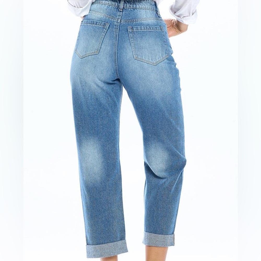 HIGH RISE SOLID BLUE AGE MOM JEANS - Picture 3 of 4